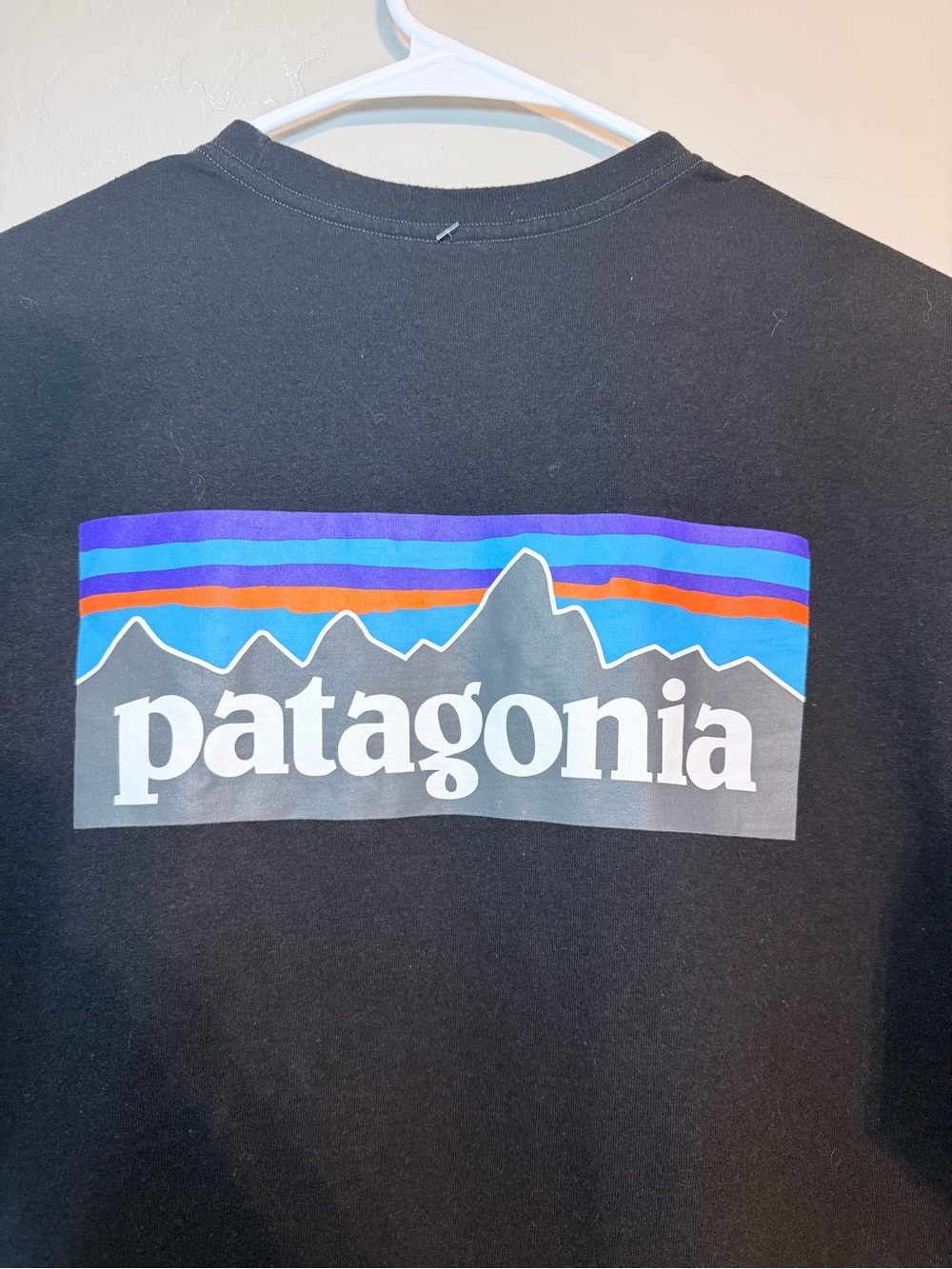 Patagonia Black Short-Sleeve Logo Tee with Blue & Purple Accent size large